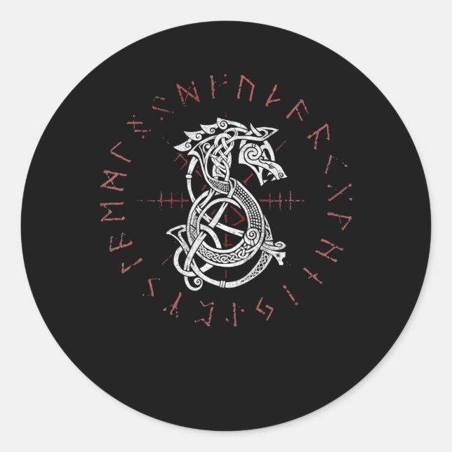 Sticker Rond Fenrir Wolf d'Odin Celtic Norse Runes Distressed (Devant)