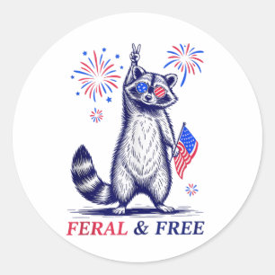 Sticker Rond Feral & ; Free Funky Patriotic Racoon Feral Et