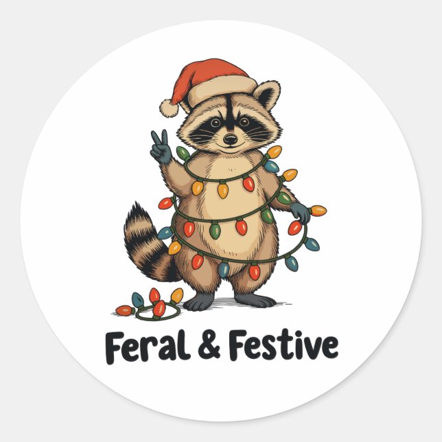 Sticker Rond Feral And Festive Raccoon Christmas Xmas Lights (Devant)