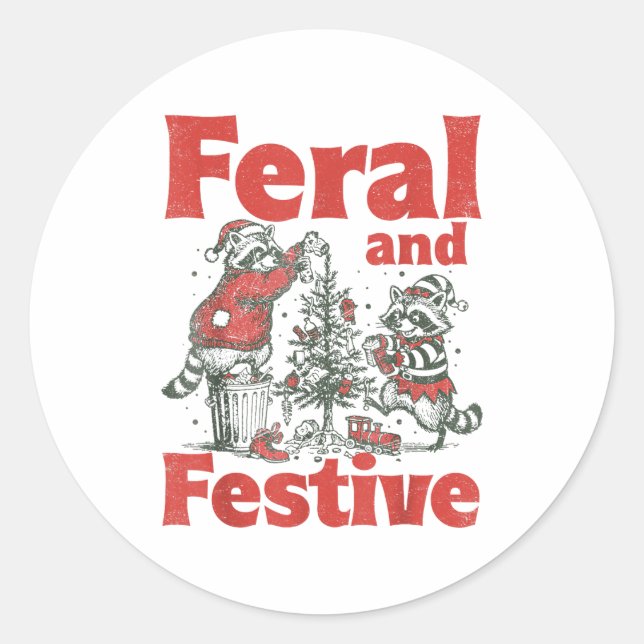Sticker Rond Feral And Festive Raccoon Santa Christmas Holiday  (Devant)