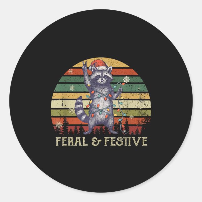 Sticker Rond Feral And Festive Raccoon Santa Christmas Holiday  (Devant)