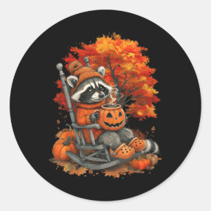 Sticker Rond Feral Girl Fall Raccoon Halloween Citrouille Racco