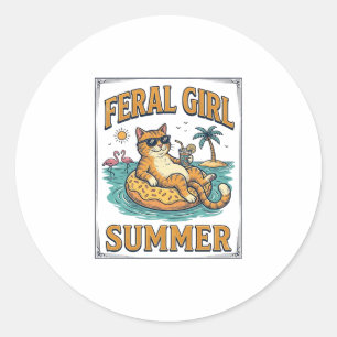 Sticker Rond Feral Girl Summer Cat Float Vintage Shirt Design_1
