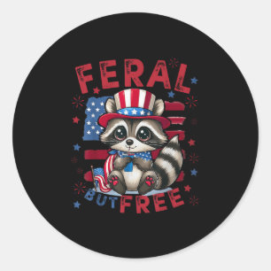 Sticker Rond Feral Mais Libre Funky 4 juillet Patriotic Raccoon