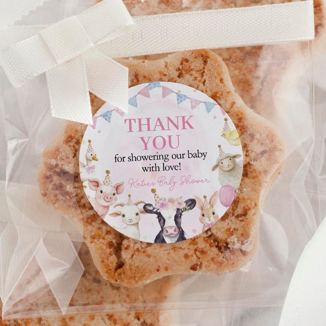 Sticker Rond Ferme Animaux Bébé Fille Shower Rose (Créateur téléchargé)