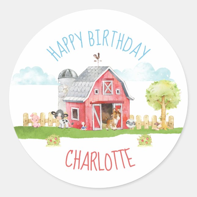 Sticker Rond Ferme Barnyard Animal Joyeux Anniversaire (Devant)