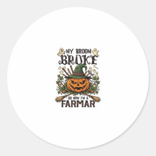 Sticker Rond Ferme Broom Broke Citrouille d'Halloween Sorcière
