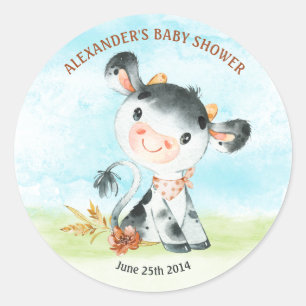 Sticker Rond Ferme de Baby shower de vache aquarelle