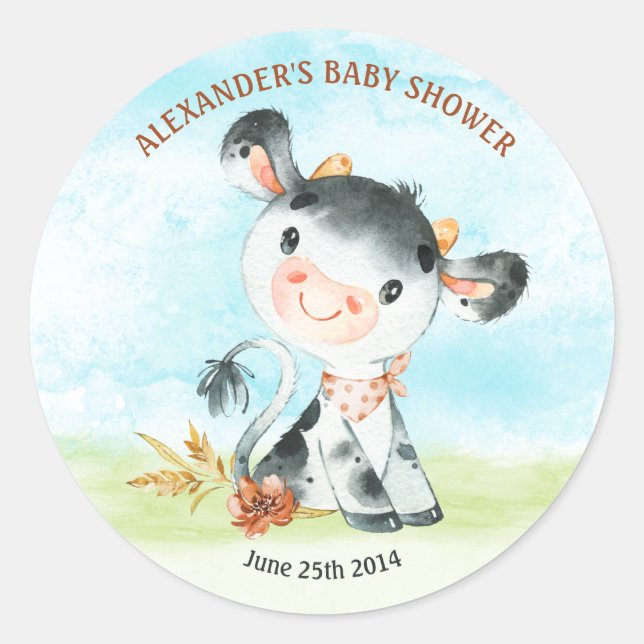 Sticker Rond Ferme de Baby shower de vache aquarelle (Devant)