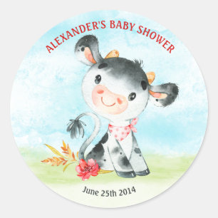 Sticker Rond Ferme de Baby shower de vache aquarelle