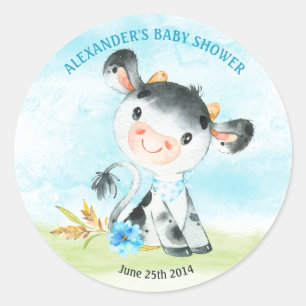 Sticker Rond Ferme de Baby shower de Vache Boy Watercolor