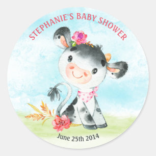 Sticker Rond Ferme de Baby shower de Vache de fille aquarelle