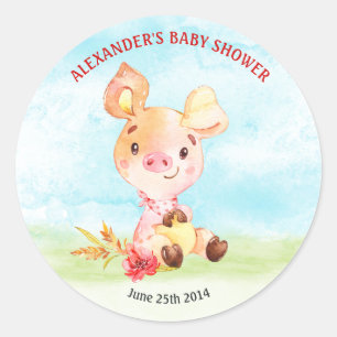 Sticker Rond Ferme de Baby showers Watercolor Piggy