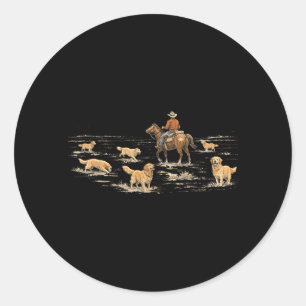 Sticker Rond Ferme de chevaux de troupeau Retriever doré occide