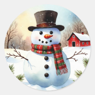 Sticker Rond Ferme de neige confortable Noël aquarelle