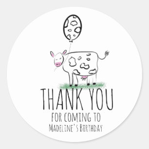 Sticker Rond Ferme de vache doodle Fête d'anniversaire Merci