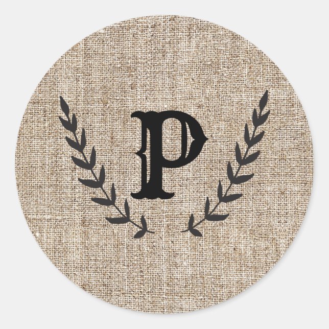 Sticker Rond Ferme Rustique Burlap & Noir Botanique Laurier (Devant)