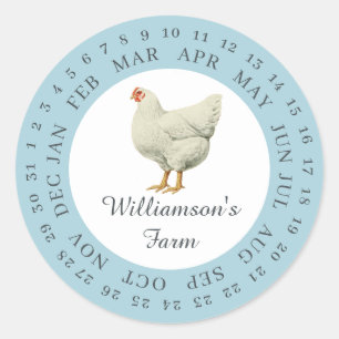 Sticker Rond Ferme vintage Hen Encerclée Date Oeuf Carton Bleu
