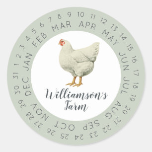 Sticker Rond Ferme vintage Hen Encerclée Date Oeuf Carton vert