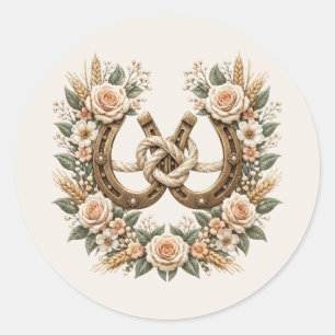 Sticker Rond Fers à cheval et fleurs de style country western