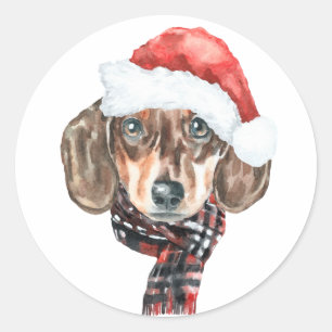 Sticker Rond Festif aquarelle Dachshund Père Noël Noël
