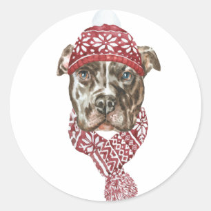 Sticker Rond Festif Aquarelle Pitbull Noël