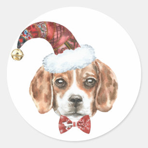 Sticker Rond Festif Beagle d'aquarelle Père Noël Happy Howliday