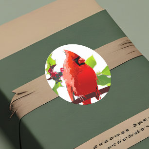 Sticker Rond Festif Cardinal Bird Winter Holly Holiday Cheer