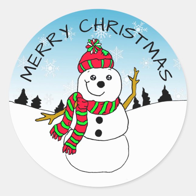 Sticker Rond Festif de Noël mignon Snowman et Snowflakes (Devant)