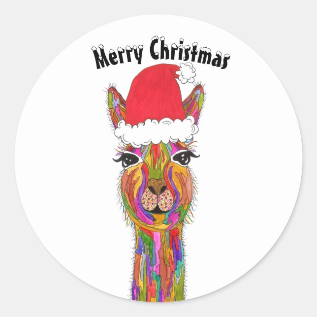Sticker Rond Festif et coloré Llama Joyeux Noël (Devant)