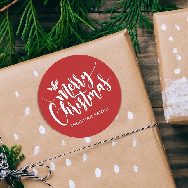 Sticker Rond Festif Joyeux Noël personnalisé Rouge (Festive Merry Christmas Personalized Red Classic Round Sticker)