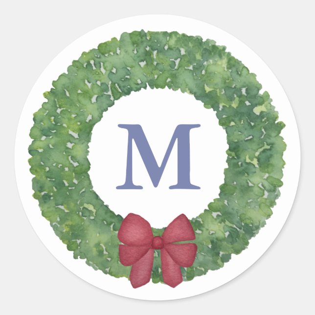 Sticker Rond Festif Monogramme Verdure Wreath Avec Bow Rouge (Devant)