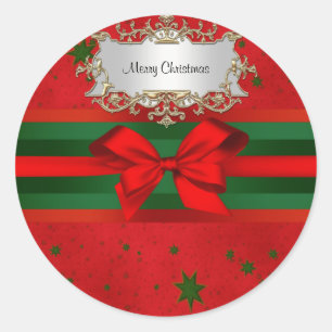 Sticker Rond Festif Red Green Stars Bow Ribbon Noël
