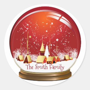 Sticker Rond Festif Red & White Christmas Village Snow Globe