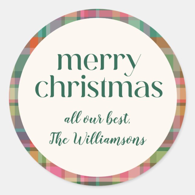 Sticker Rond Festif Retro Noël Plaid Cute Preppy Script (Devant)