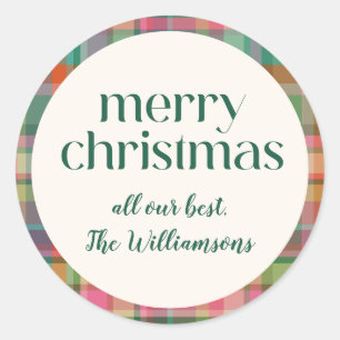 Sticker Rond Festif Retro Noël Plaid Cute Preppy Script