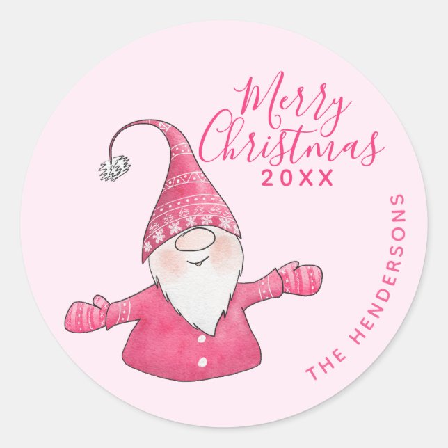 Sticker Rond Festif rose mignon Gnome Personnalisé Joyeux Noël (Devant)