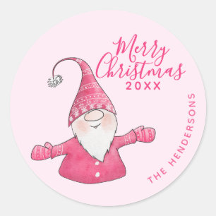Sticker Rond Festif rose mignon Gnome Personnalisé Joyeux Noël