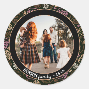 Sticker Rond Festif rose une ligne art Noël Famille Photo