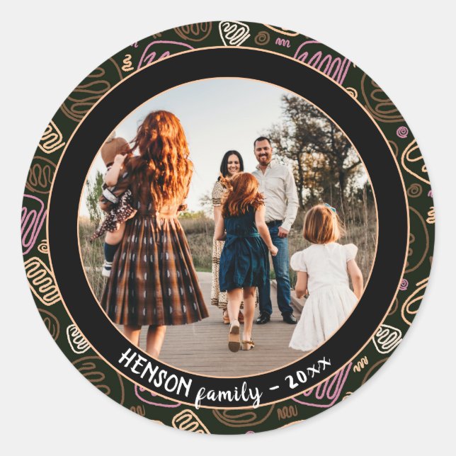 Sticker Rond Festif rose une ligne art Noël Famille Photo (Devant)