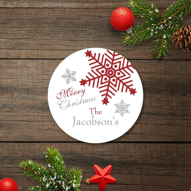 Sticker Rond Festif Silver Red Joyeux Noël Snowflakes (Créateur téléchargé)