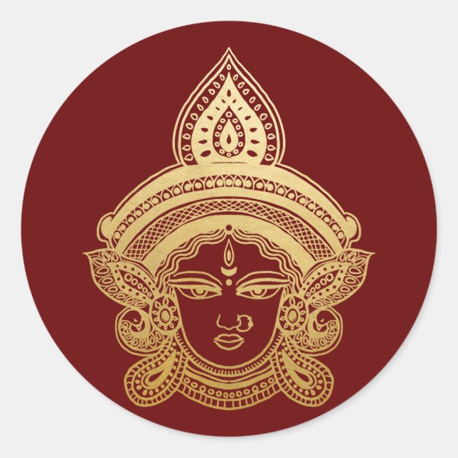 Sticker Rond Festival indien Durga Maa Hindu God Gold Red (Devant)