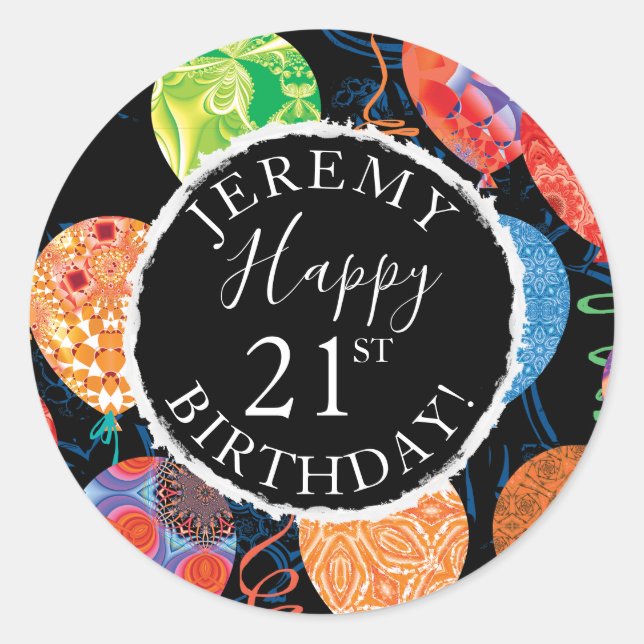 Sticker Rond Festive 21st Birthday Balloons Ajouter nom et âge (Devant)