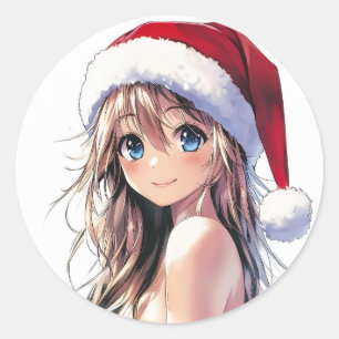 Sticker Rond Festive Anime Girl Santa Hat avec yeux bleu clair
