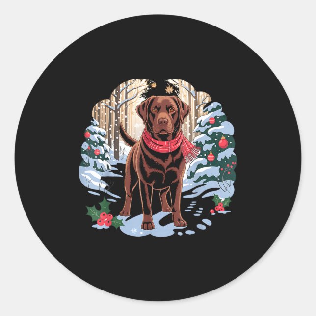 Sticker Rond Festive Chocolate Lab In Snowy Forest Winter Xmas  (Devant)