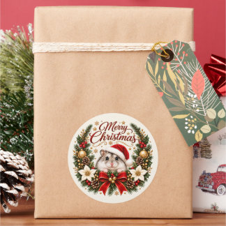Sticker Rond Festive Christmas Hamster with Santa Hat and Wreat