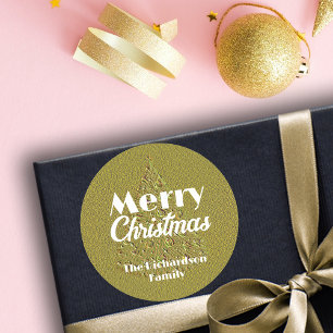 Sticker Rond Festive Elégant Or Embossé Arbre de Noël