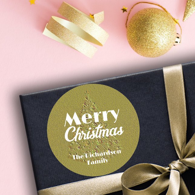 Sticker Rond Festive Elégant Or Embossé Arbre de Noël (Créateur téléchargé)