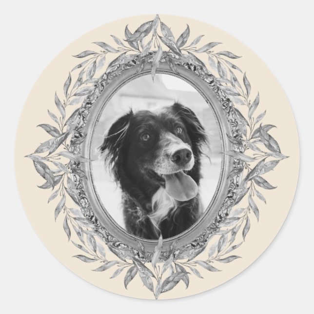 Sticker Rond Festive Fête Silver Feuilles Wreath Photo (Devant)