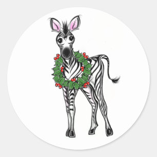 Sticker Rond Festive Fête Zebra illustration, Holly wreath